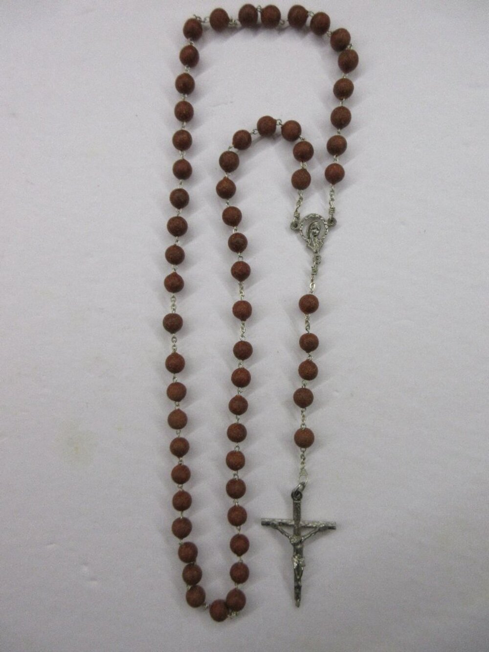 Rose Petal Rosary Spain Scented Brown Beads Blessed Virgin Mary Silver Tone Vtg